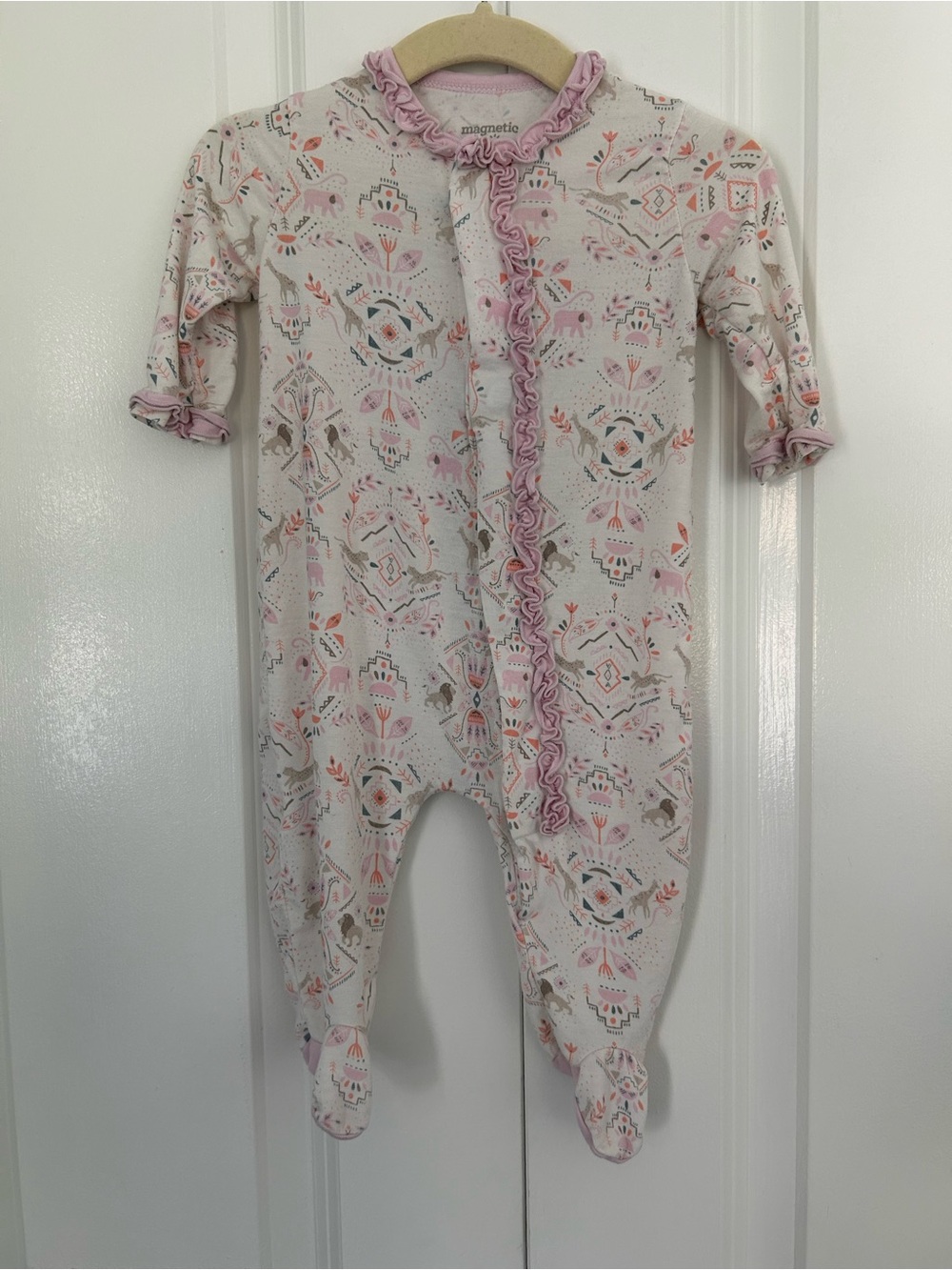 Magnetic Me Cream Footed One-Piece with Pink Ruffle Trim
